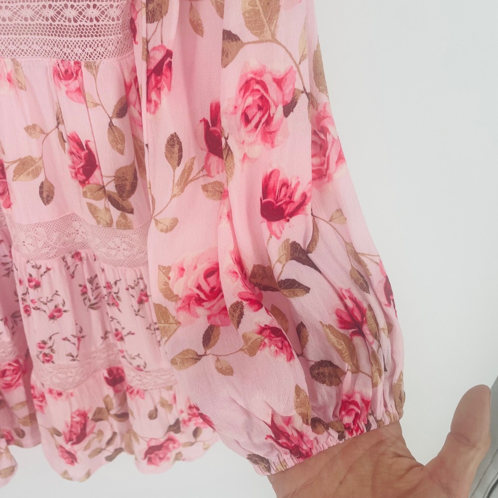 Altar'd State Kate Pink Floral Rose Lace Mini Dress size L Cottagecore Garden - Picture 7 of 16